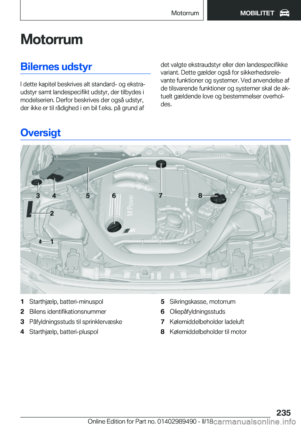 BMW M3 2018  InstruktionsbØger (in Danish) �M�o�t�o�r�r�u�m�B�i�l�e�r�n�e�s��u�d�s�t�y�r
�I� �d�e�t�t�e� �k�a�p�i�t�e�l� �b�e�s�k�r�i�v�e�s� �a�l�t� �s�t�a�n�d�a�r�d�-� �o�g� �e�k�s�t�r�aj
�u�d�s�t�y�r� �s�a�m�t� �l�a�n�d�e�s�p�e�c�i�f�i�k�t