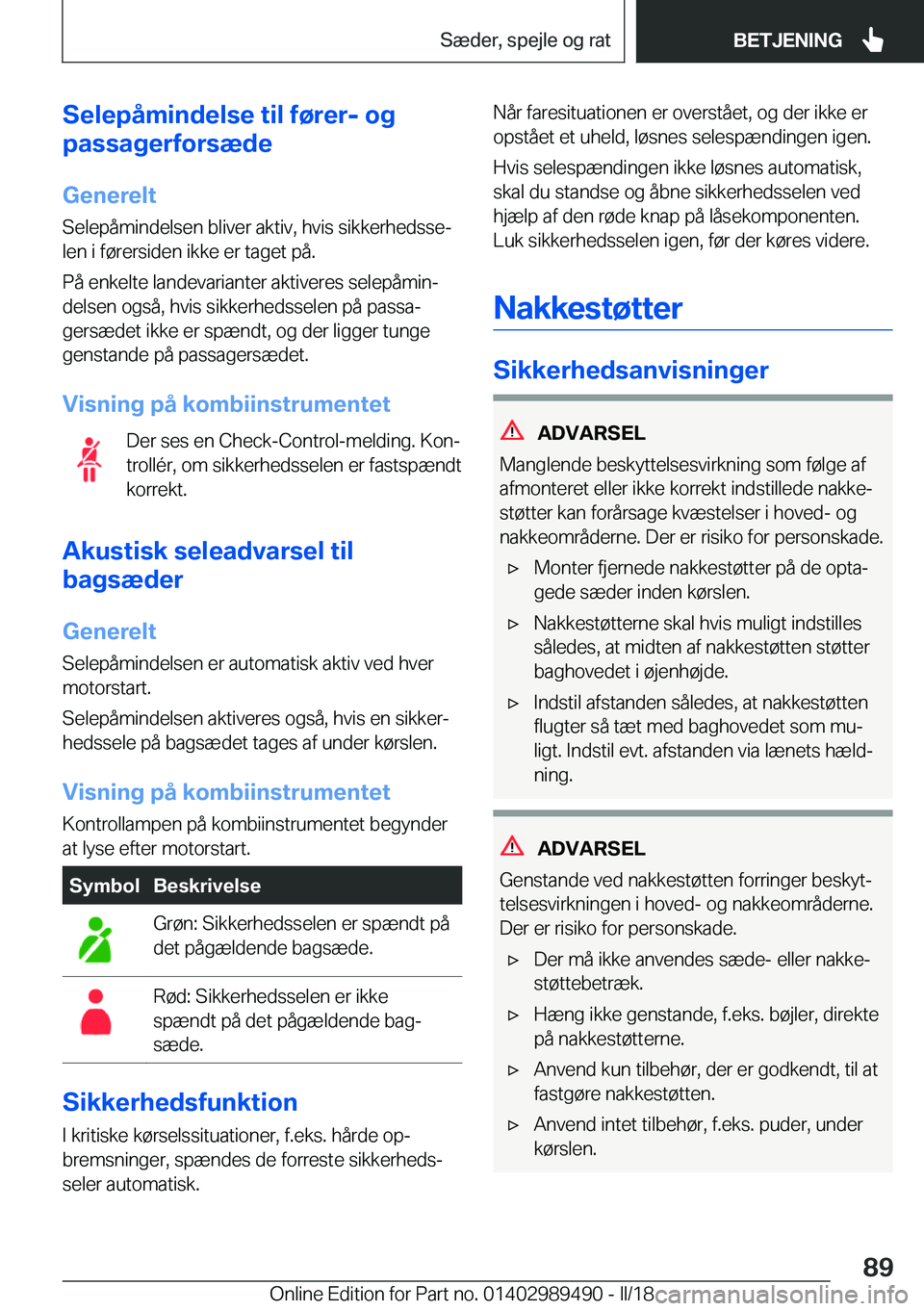 BMW M3 2018  InstruktionsbØger (in Danish) �S�e�l�e�p�å�m�i�n�d�e�l�s�e��t�i�l��f�