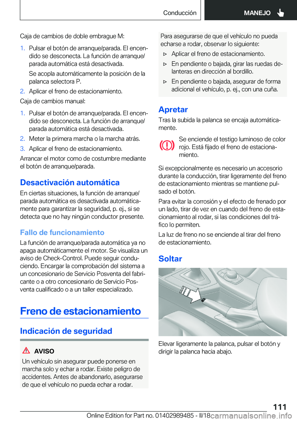 BMW M3 2018  Manuales de Empleo (in Spanish) �C�a�j�a� �d�e� �c�a�m�b�i�o�s� �d�e� �d�o�b�l�e� �e�m�b�r�a�g�u�e� �M�:�1�.�P�u�l�s�a�r� �e�l� �b�o�t�