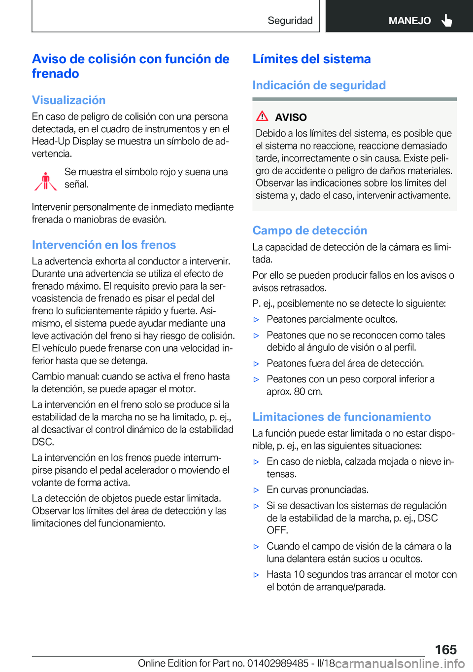 BMW M3 2018  Manuales de Empleo (in Spanish) �A�v�i�s�o��d�e��c�o�l�i�s�i�