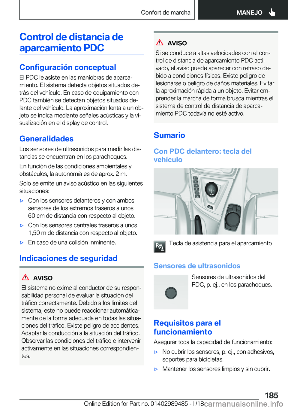 BMW M3 2018  Manuales de Empleo (in Spanish) �C�o�n�t�r�o�l��d�e��d�i�s�t�a�n�c�i�a��d�e�a�p�a�r�c�a�m�i�e�n�t�o��P�D�C
�C�o�n�f�i�g�u�r�a�c�i�