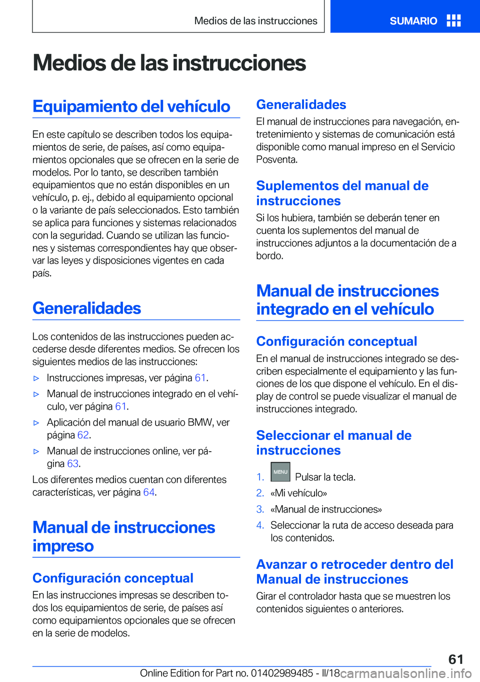 BMW M3 2018  Manuales de Empleo (in Spanish) �M�e�d�i�o�s��d�e��l�a�s��i�n�s�t�r�u�c�c�i�o�n�e�s�E�q�u�i�p�a�m�i�e�n�t�o��d�e�l��v�e�h�