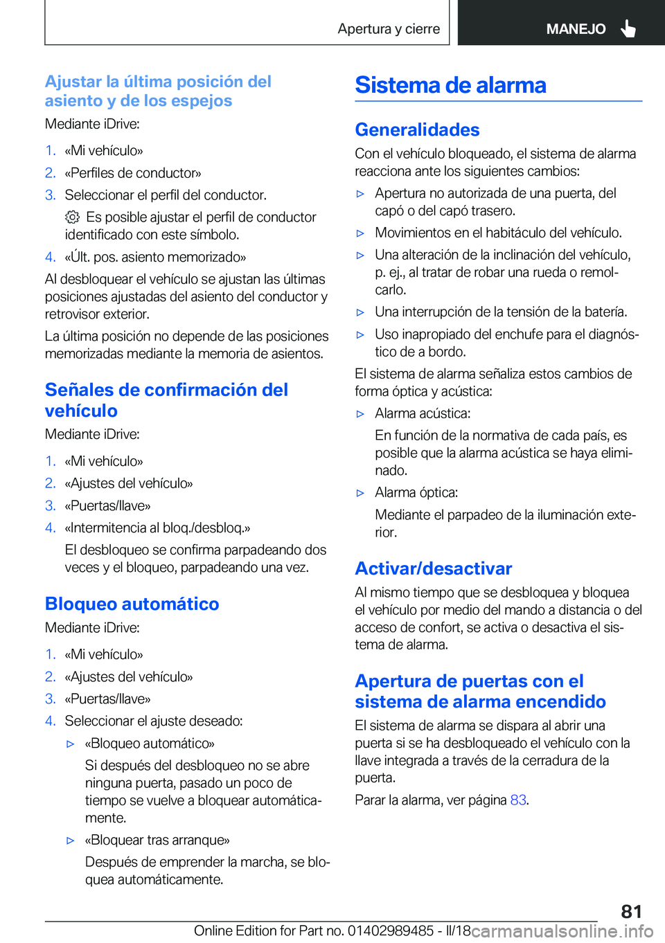BMW M3 2018  Manuales de Empleo (in Spanish) �A�j�u�s�t�a�r��l�a��