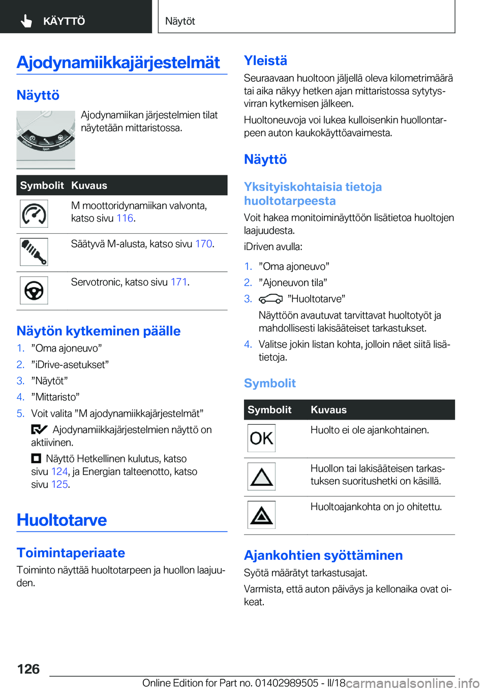 BMW M3 2018  Omistajan Käsikirja (in Finnish) �A�j�o�d�Z�n�a�m�i�i�k�k�a�j�