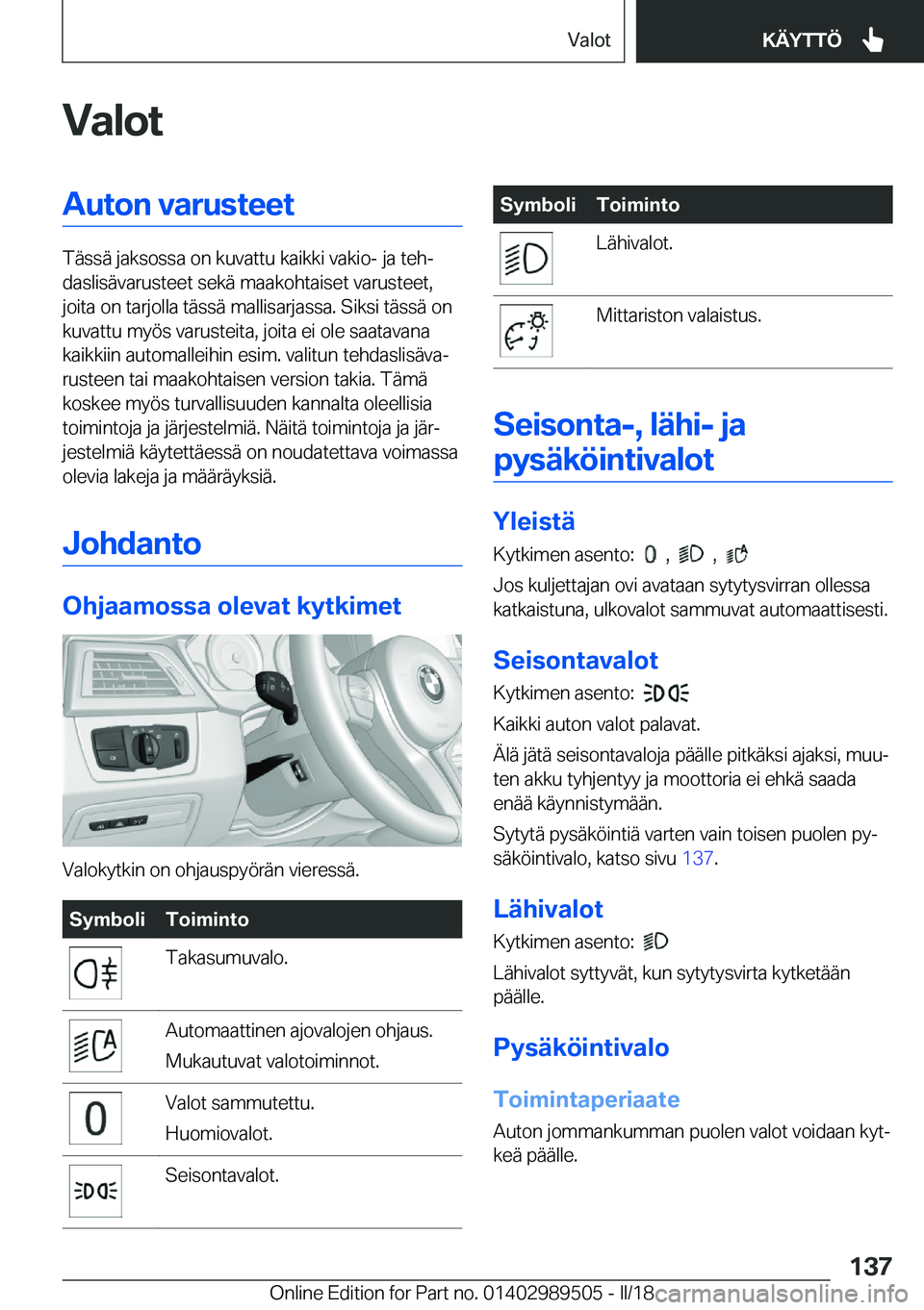 BMW M3 2018  Omistajan Käsikirja (in Finnish) �V�a�l�o�t�A�u�t�o�n��v�a�r�u�s�t�e�e�t
�T�