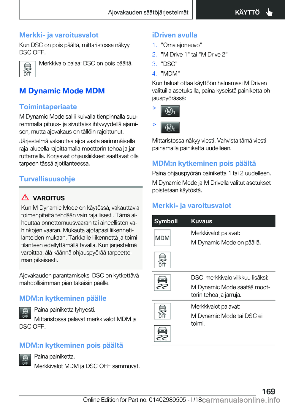BMW M3 2018  Omistajan Käsikirja (in Finnish) �M�e�r�k�k�i�-��j�a��v�a�r�o�i�t�u�s�v�a�l�o�t
�K�u�n� �D�S�C� �o�n� �p�o�i�s� �p�