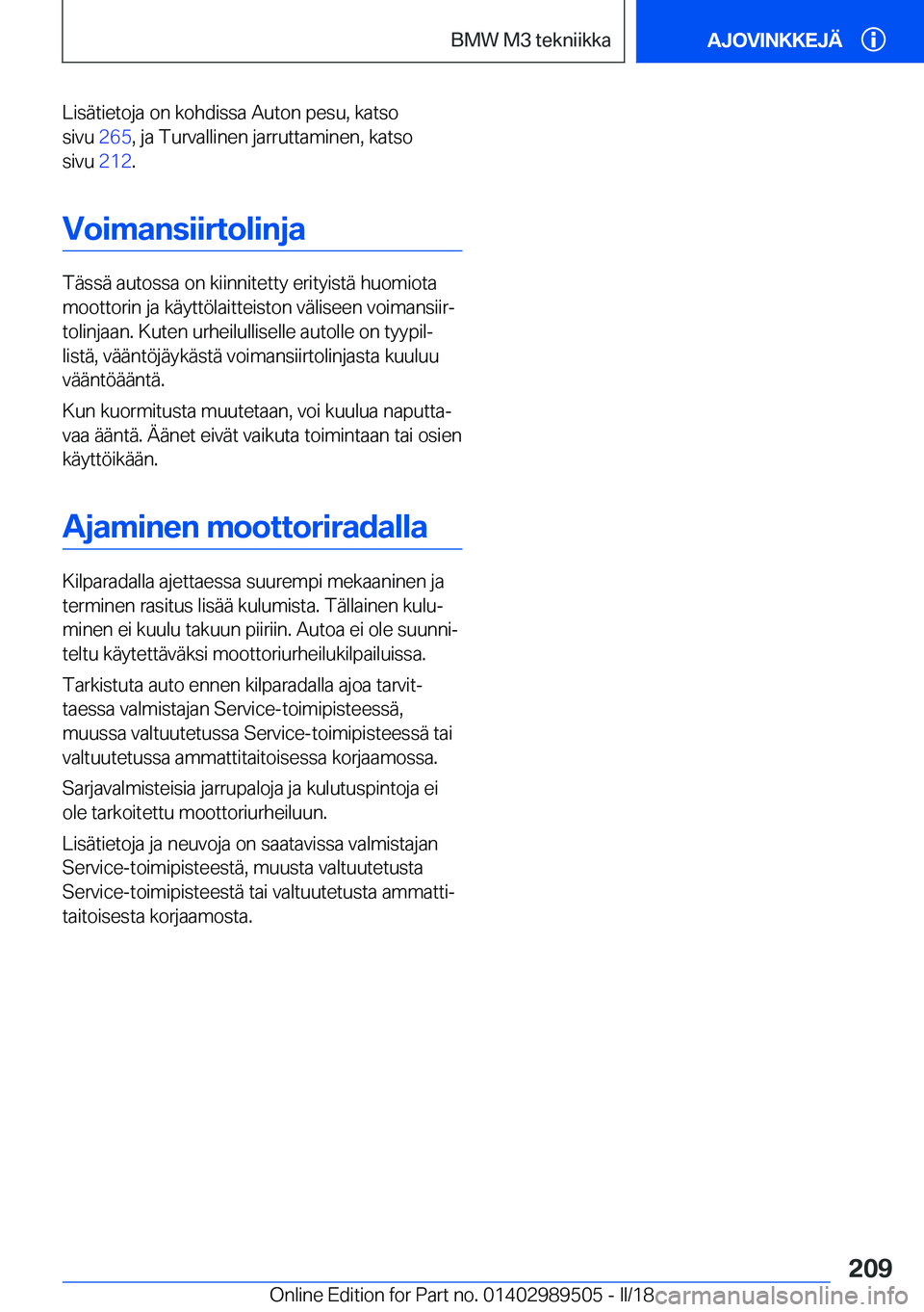BMW M3 2018  Omistajan Käsikirja (in Finnish) �L�i�s�
