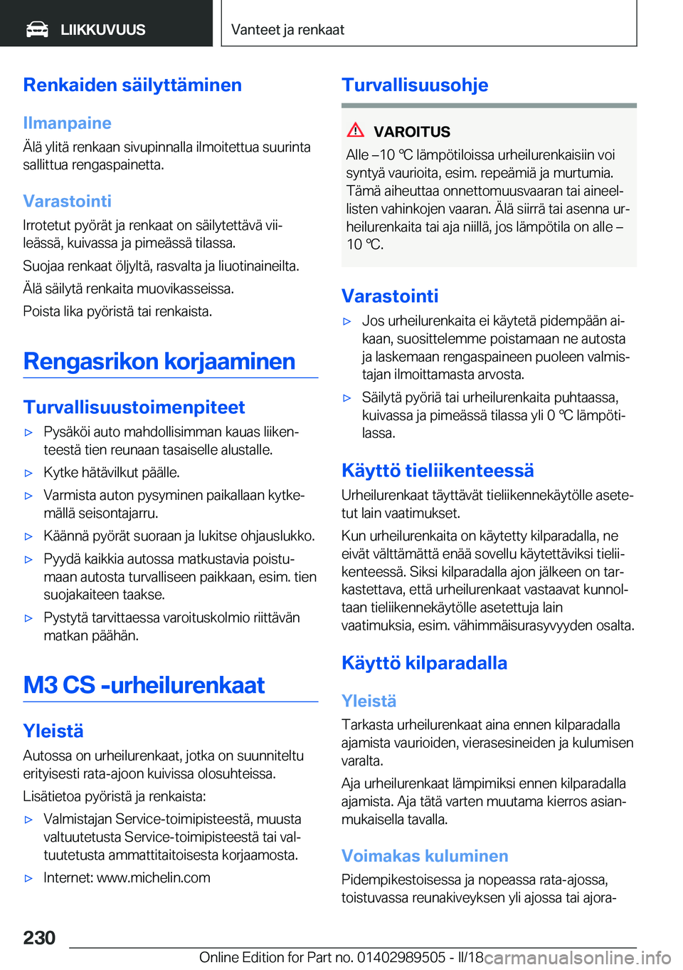 BMW M3 2018  Omistajan Käsikirja (in Finnish) �R�e�n�k�a�i�d�e�n��s�