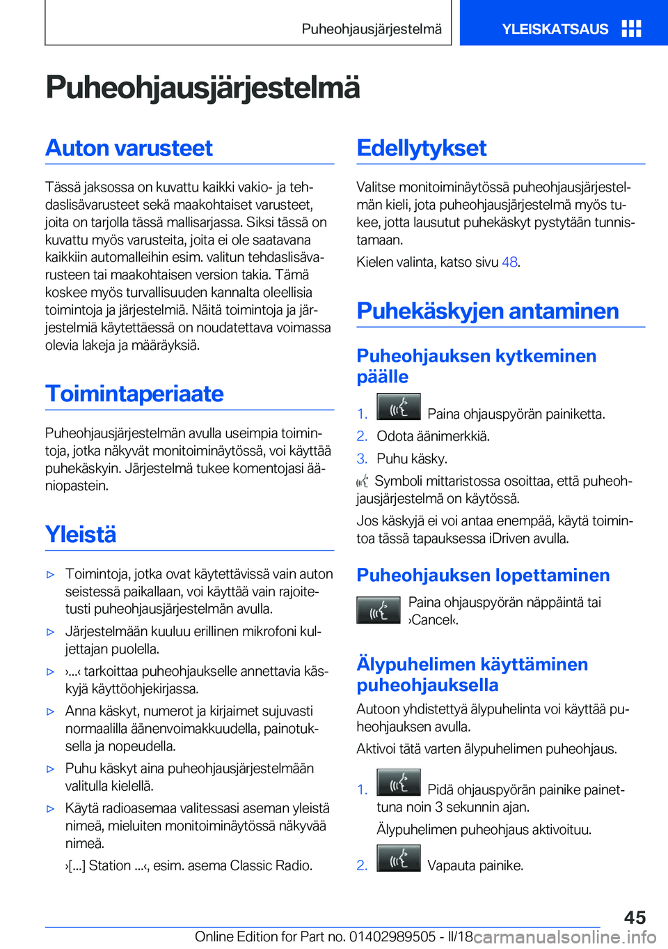 BMW M3 2018  Omistajan Käsikirja (in Finnish) �P�u�h�e�o�h�j�a�u�s�j�