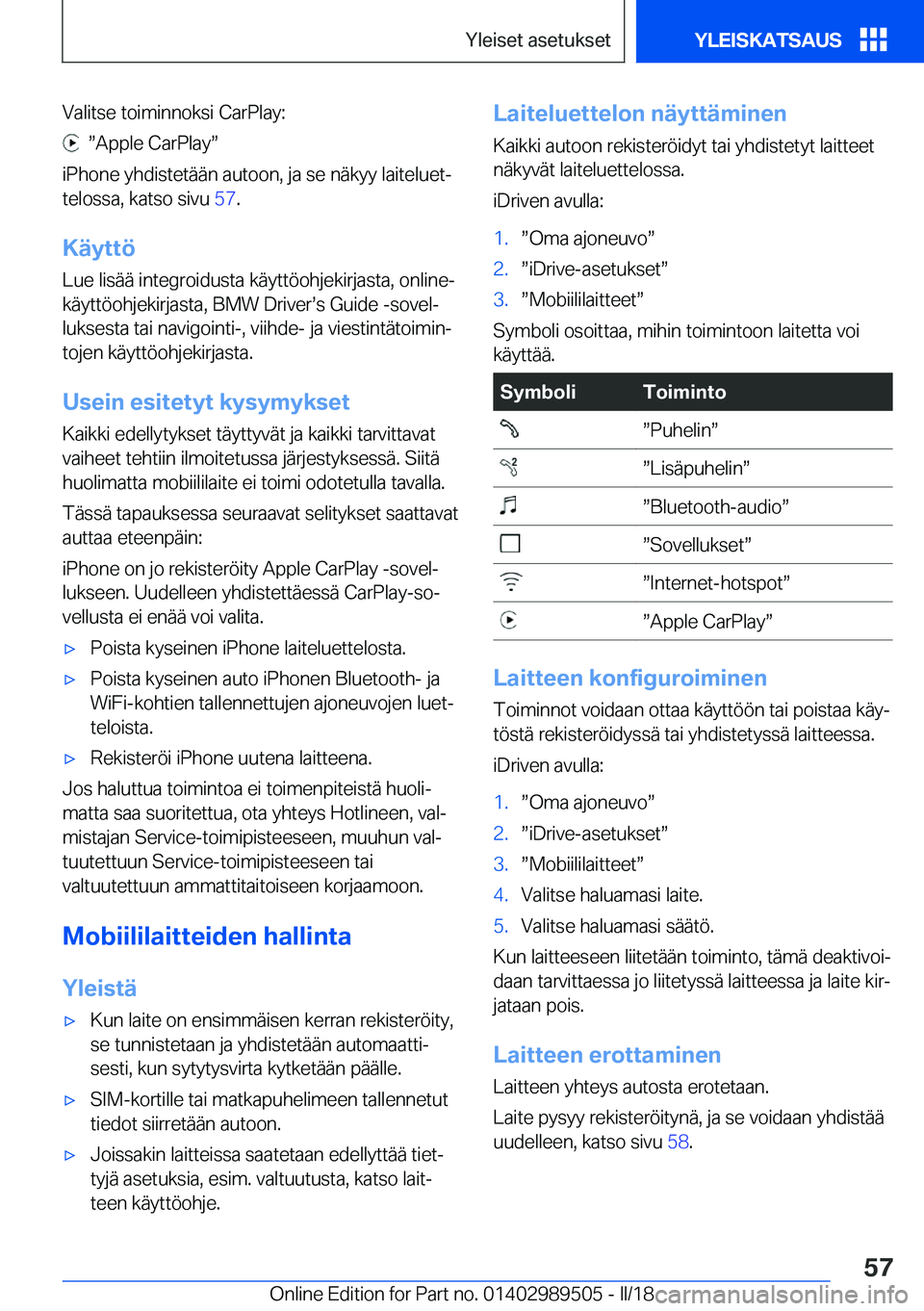 BMW M3 2018  Omistajan Käsikirja (in Finnish) �V�a�l�i�t�s�e� �t�o�i�m�i�n�n�o�k�s�i� �C�a�r�P�l�a�y�:
� � w�A�p�p�l�e� �C�a�r�P�l�a�yw
�i�P�h�o�n�e� �y�h�d�i�s�t�e�t�