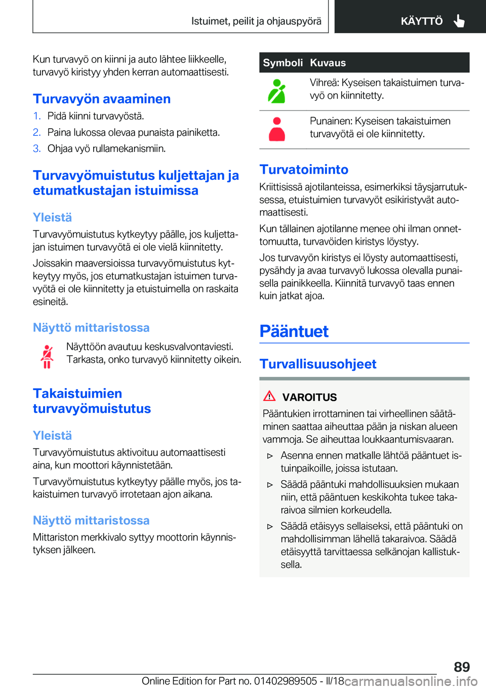 BMW M3 2018  Omistajan Käsikirja (in Finnish) �K�u�n� �t�u�r�v�a�v�y�