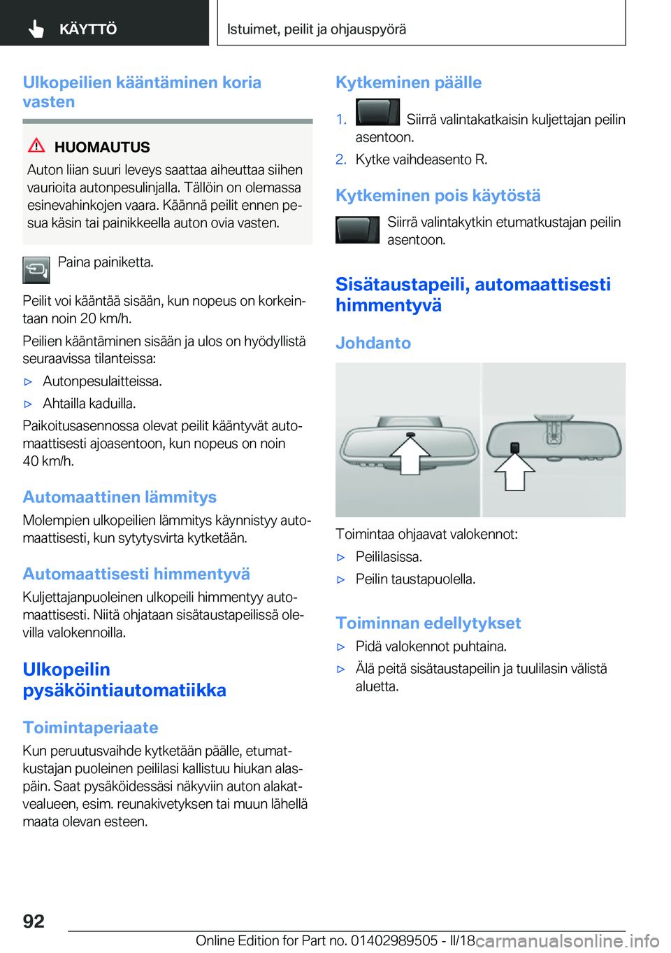 BMW M3 2018  Omistajan Käsikirja (in Finnish) �U�l�k�o�p�e�i�l�i�e�n��k�