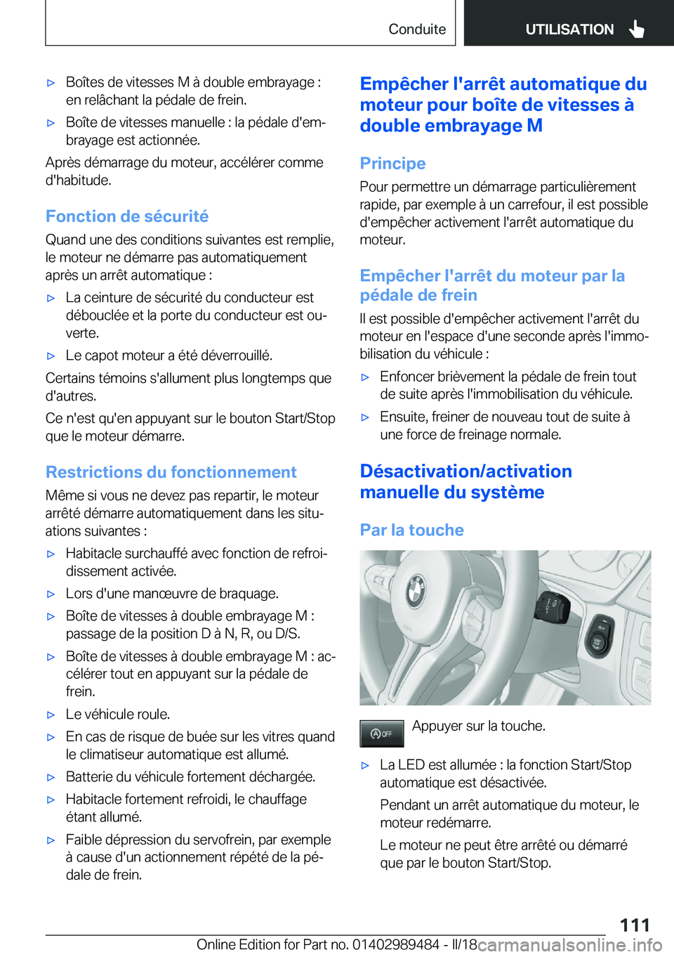 BMW M3 2018  Notices Demploi (in French) 'x�B�o�î�t�e�s� �d�e� �v�i�t�e�s�s�e�s� �M� �