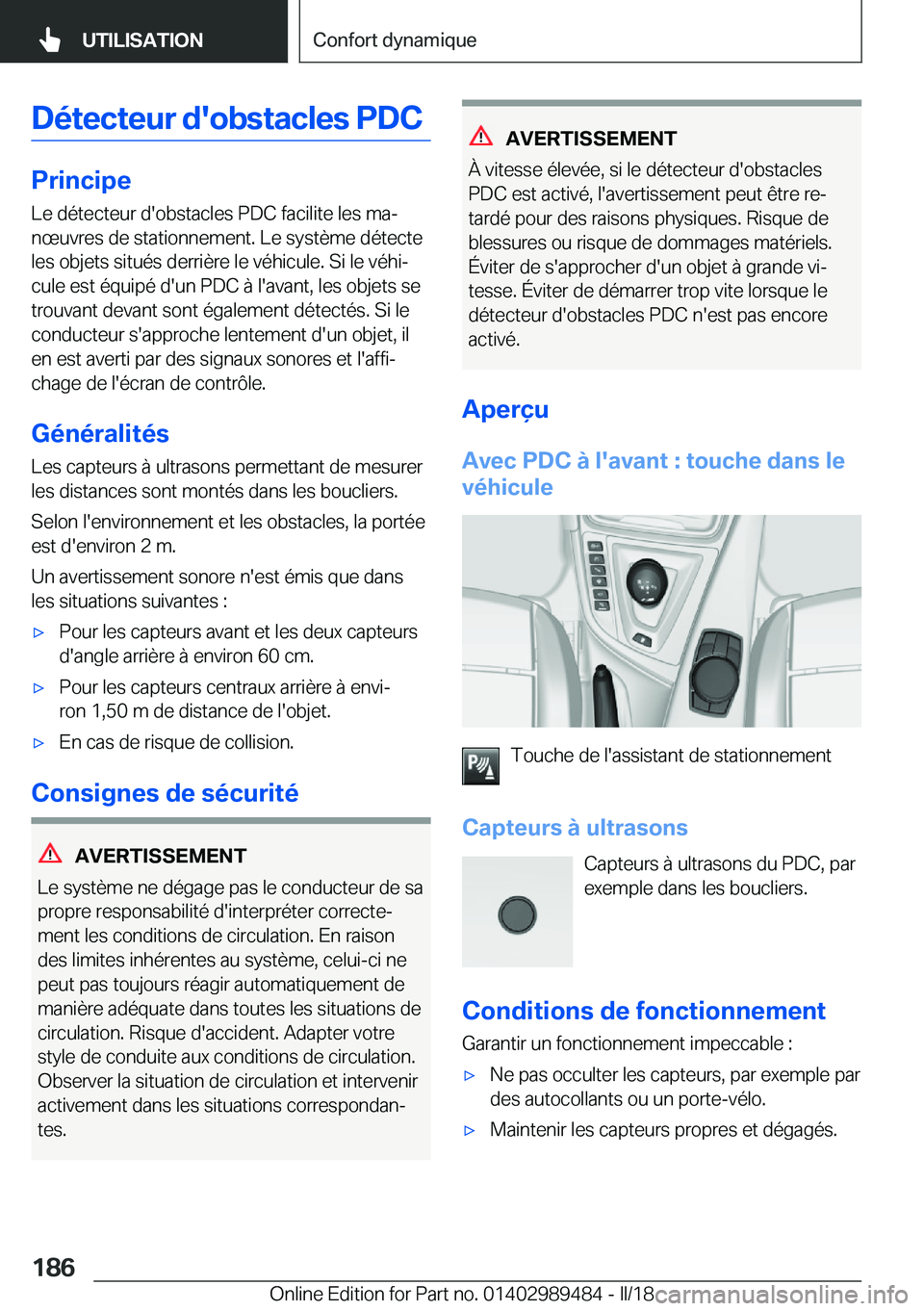BMW M3 2018  Notices Demploi (in French) �D�é�t�e�c�t�e�u�r��d�'�o�b�s�t�a�c�l�e�s��P�D�C
�P�r�i�n�c�i�p�e
�L�e� �d�é�t�e�c�t�e�u�r� �d�'�o�b�s�t�a�c�l�e�s� �P�D�C� �f�a�c�i�l�i�t�e� �l�e�s� �m�aj
�n�