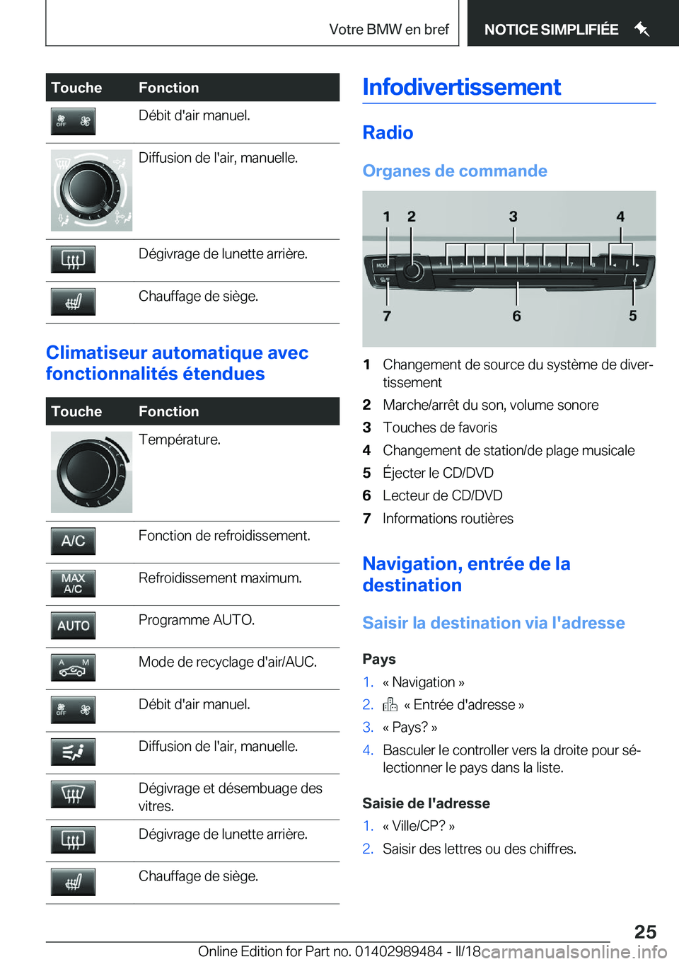 BMW M3 2018  Notices Demploi (in French) �T�o�u�c�h�e�F�o�n�c�t�i�o�n�D�é�b�i�t� �d�'�a�i�r� �m�a�n�u�e�l�.�D�i�f�f�u�s�i�o�n� �d�e� �l�'�a�i�r�,� �m�a�n�u�e�l�l�e�.�D�é�g�i�v�r�a�g�e� �d�e� �l�u�n�e�t�t�e� �a�r�r�i�è�r�e�.�C�h�a�