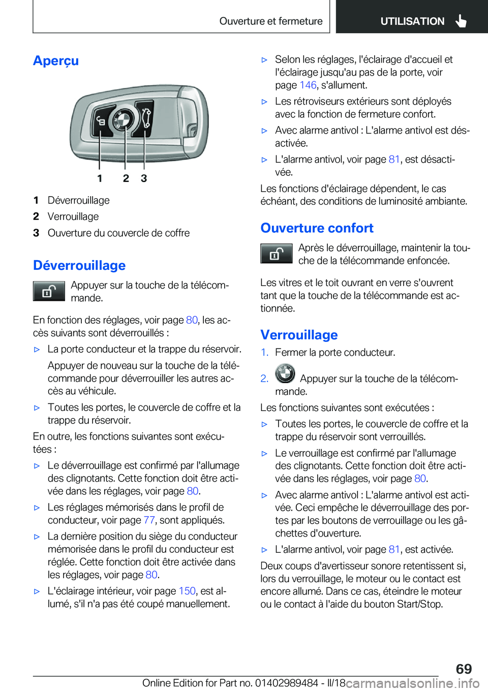 BMW M3 2018  Notices Demploi (in French) �A�p�e�r�ç�u�1�D�é�v�e�r�r�o�u�i�l�l�a�g�e�2�V�e�r�r�o�u�i�l�l�a�g�e�3�O�u�v�e�r�t�u�r�e� �d�u� �c�o�u�v�e�r�c�l�e� �d�e� �c�o�f�f�r�e
�D�é�v�e�r�r�o�u�i�l�l�a�g�e�A�p�p�u�y�e�r� �s�u�r� �l�a� �t�o