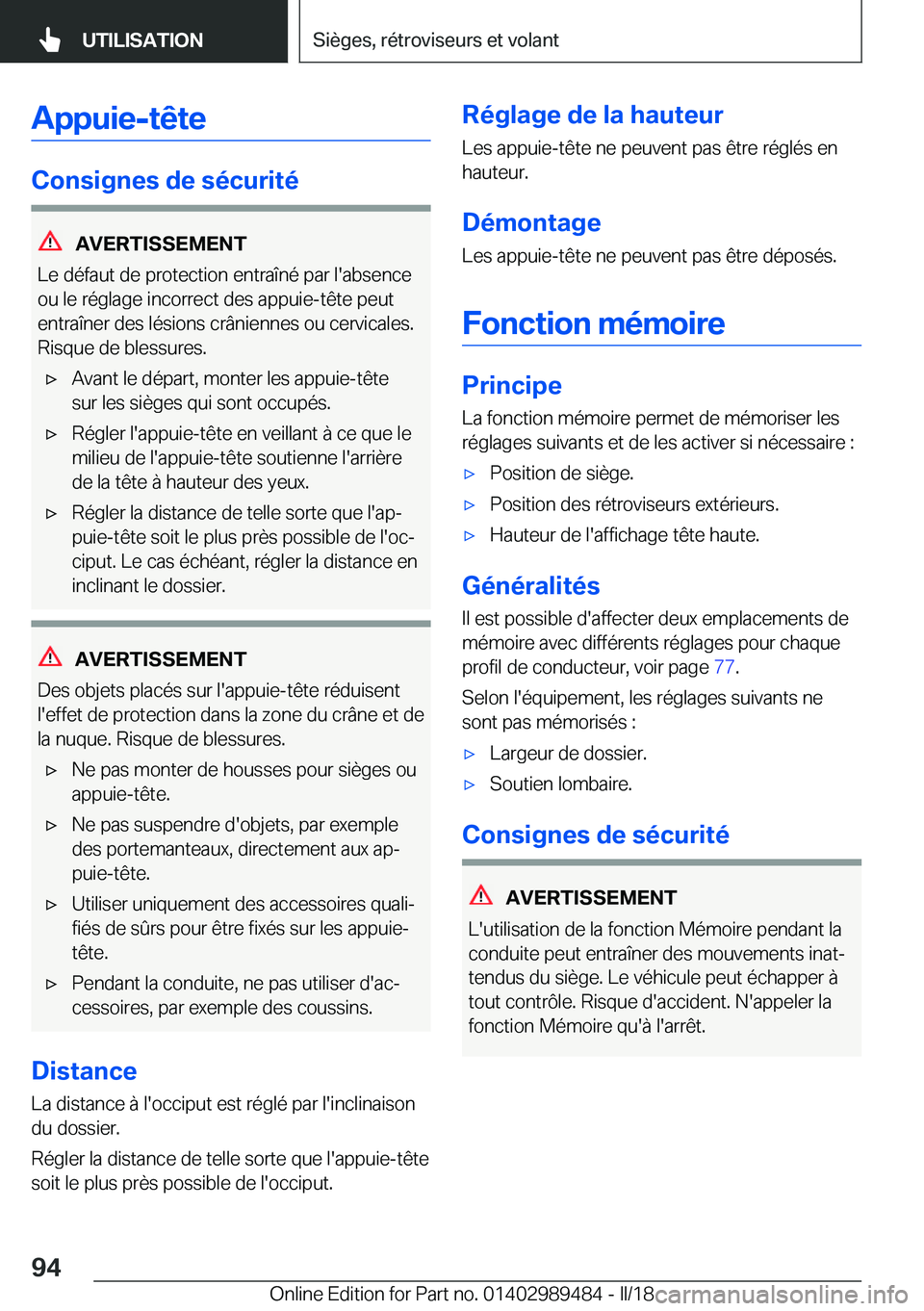 BMW M3 2018  Notices Demploi (in French) �A�p�p�u�i�e�-�t�ê�t�e
�C�o�n�s�i�g�n�e�s��d�e��s�é�c�u�r�i�t�é
�A�V�E�R�T�I�S�S�E�M�E�N�T
�L�e� �d�é�f�a�u�t� �d�e� �p�r�o�t�e�c�t�i�o�n� �e�n�t�r�a�î�n�é� �p�a�r� �l�'�a�b�s�e�n�c�e
�o�u