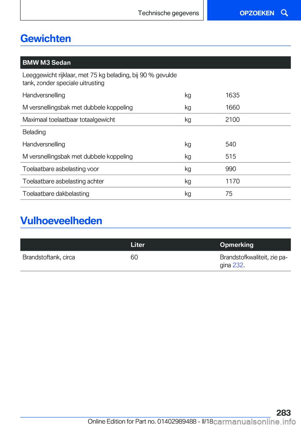 BMW M3 2018  Instructieboekjes (in Dutch) �G�e�w�i�c�h�t�e�n
� 
�B�M�W��M�3��S�e�d�a�n�L�e�e�g�g�e�w�i�c�h�t� �r�i�j�k�l�a�a�r�,� �m�e�t� �7�5� �k�g� �b�e�l�a�d�i�n�g�,� �b�i�j� �9�0� �� �g�e�v�u�l�d�e
�t�a�n�k�,� �z�o�n�d�e�r� �s�p�e�c�i�