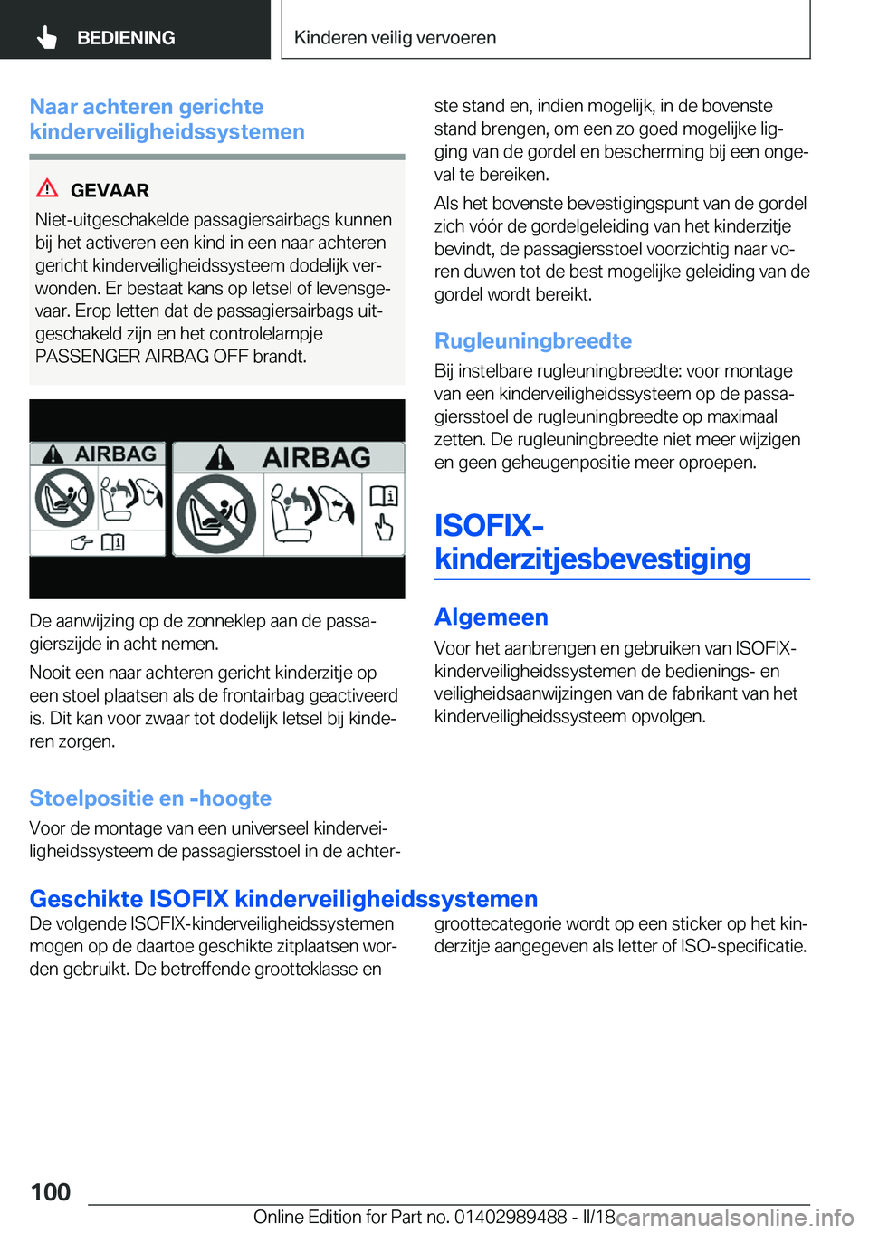 BMW M3 2018  Instructieboekjes (in Dutch) �N�a�a�r��a�c�h�t�e�r�e�n��g�e�r�i�c�h�t�e
�k�i�n�d�e�r�v�e�i�l�i�g�h�e�i�d�s�s�y�s�t�e�m�e�n
�G�E�V�A�A�R
�N�i�e�t�-�u�i�t�g�e�s�c�h�a�k�e�l�d�e� �p�a�s�s�a�g�i�e�r�s�a�i�r�b�a�g�s� �k�u�n�n�e�n �b