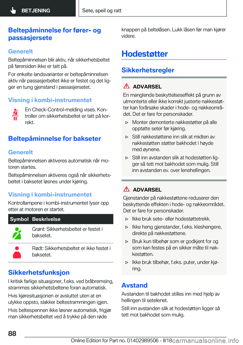 BMW M3 2018  InstruksjonsbØker (in Norwegian) �B�e�l�t�e�p�å�m�i�n�n�e�l�s�e��f�o�r��f�