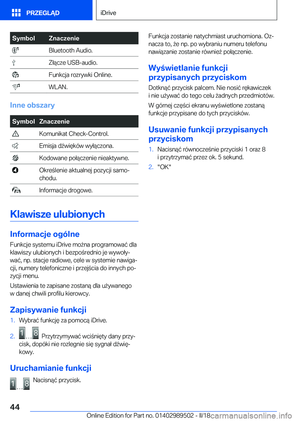 BMW M3 2018  Instrukcja obsługi (in Polish) �S�y�m�b�o�l�Z�n�a�c�z�e�n�i�e� �B�l�u�e�t�o�o�t�h� �A�u�d�i�o�.� �Z�ł�