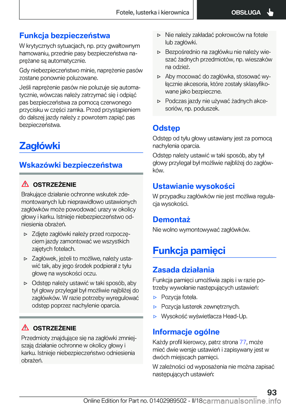 BMW M3 2018  Instrukcja obsługi (in Polish) �F�u�n�k�c�j�a��b�e�z�p�i�e�c�z�e�