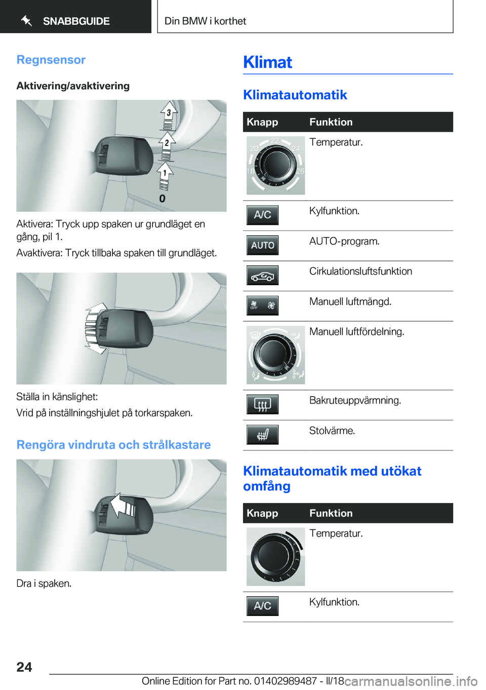 BMW M3 2018  InstruktionsbÖcker (in Swedish) �R�e�g�n�s�e�n�s�o�r
�A�k�t�i�v�e�r�i�n�g�/�a�v�a�k�t�i�v�e�r�i�n�g
�A�k�t�i�v�e�r�a�:� �T�r�y�c�k� �u�p�p� �s�p�a�k�e�n� �u�r� �g�r�u�n�d�l�ä�g�e�t� �e�n �g�å�n�g�,� �p�i�l� �1�.
�A�v�a�k�t�i�v�e�r