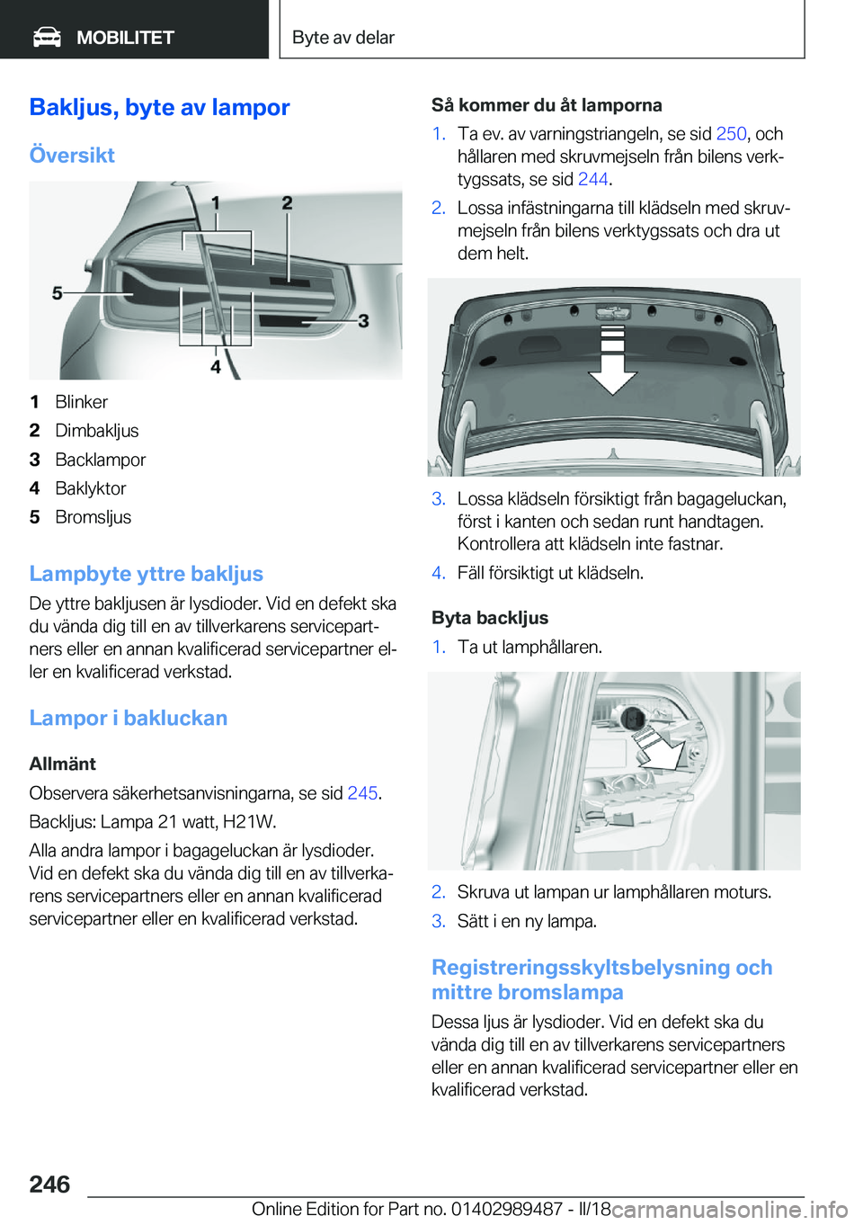 BMW M3 2018  InstruktionsbÖcker (in Swedish) �B�a�k�l�j�u�s�,��b�y�t�e��a�v��l�a�m�p�o�r
�