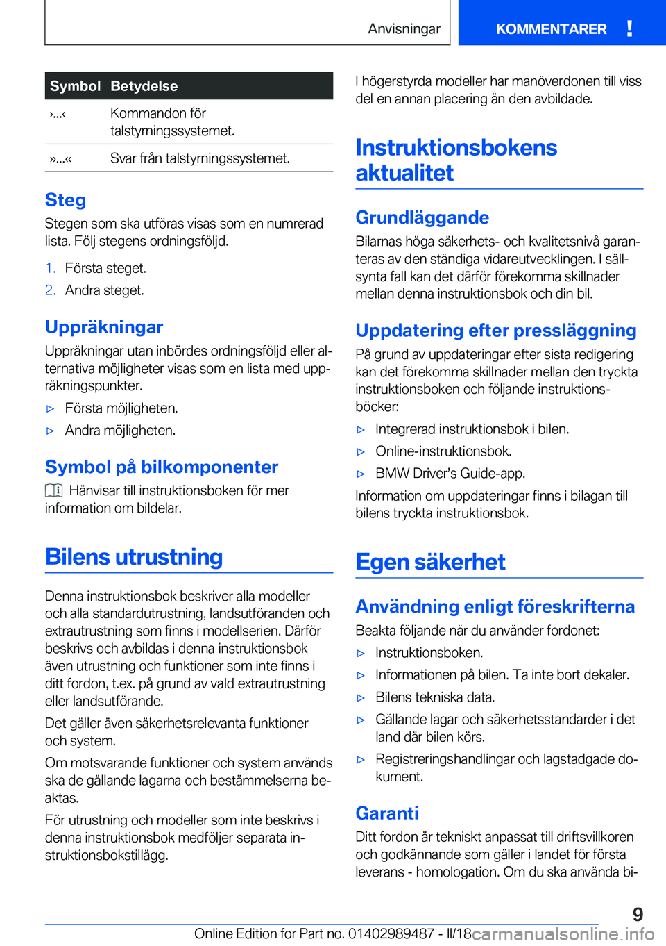 BMW M3 2018  InstruktionsbÖcker (in Swedish) �S�y�m�b�o�l�B�e�t�y�d�e�l�s�e