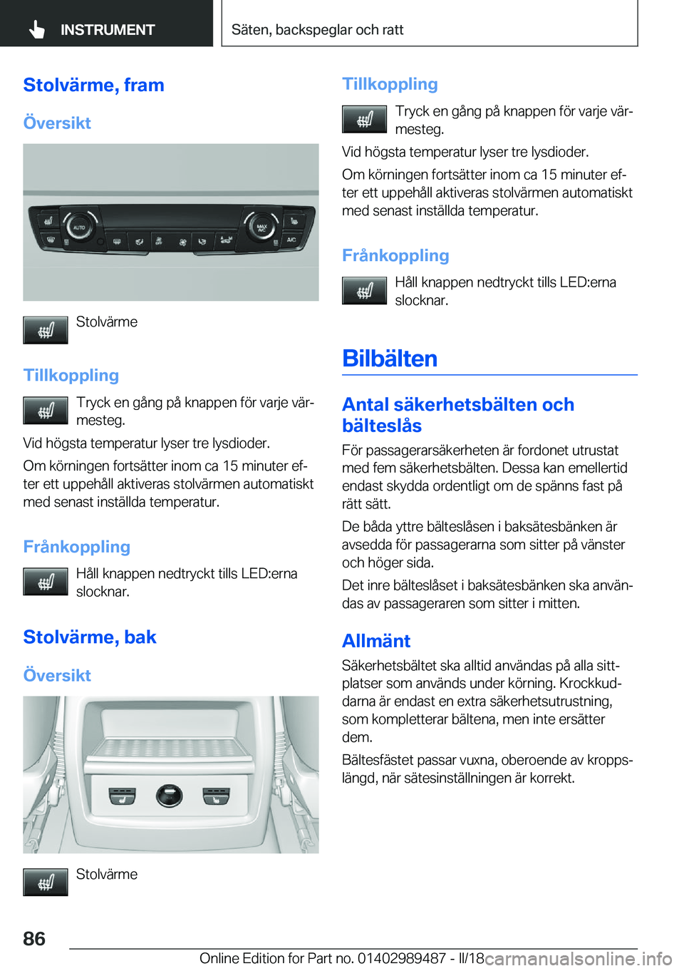 BMW M3 2018  InstruktionsbÖcker (in Swedish) �S�t�o�l�v�ä�r�m�e�,��f�r�a�m�