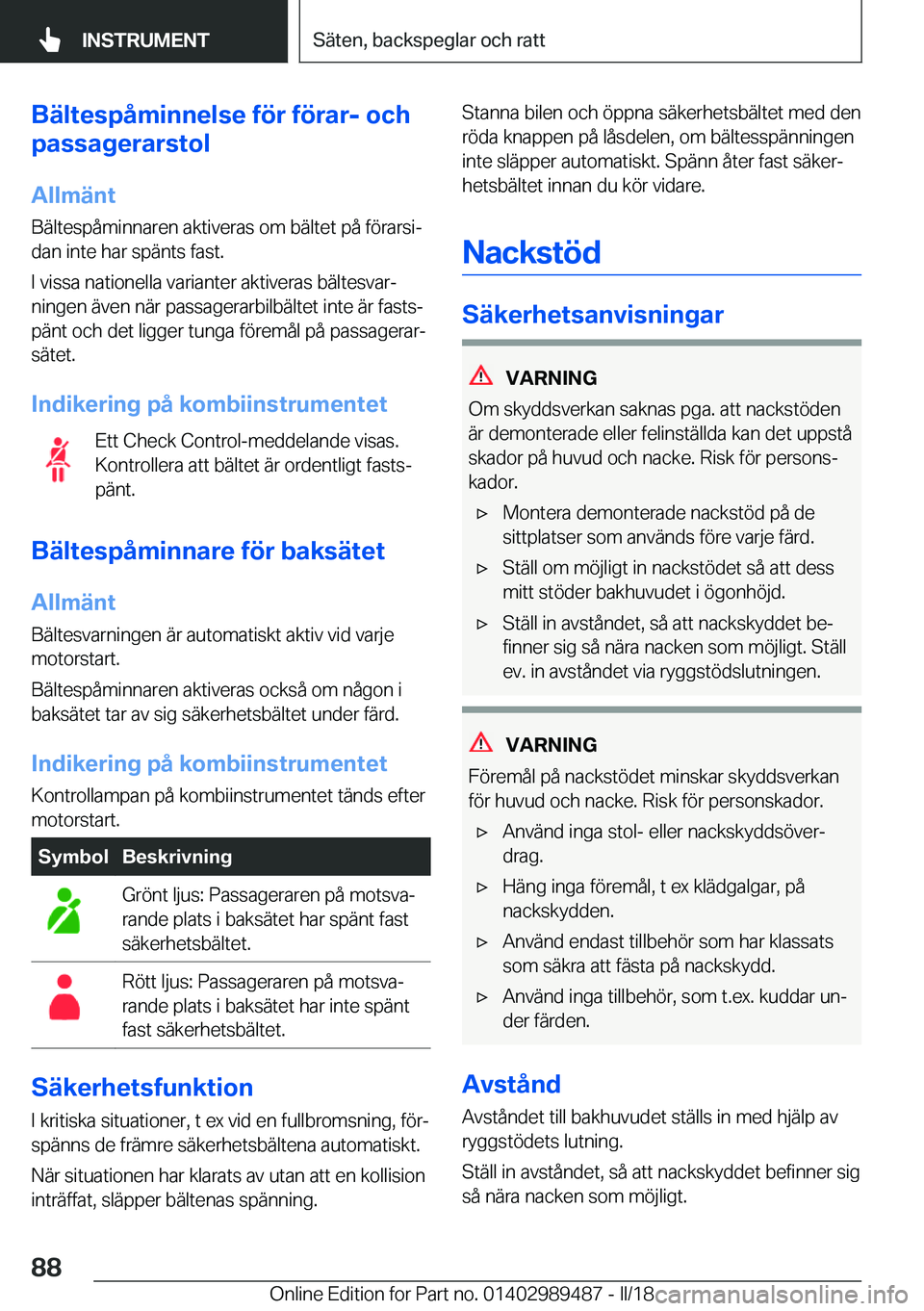 BMW M3 2018  InstruktionsbÖcker (in Swedish) �B�ä�l�t�e�s�p�å�m�i�n�n�e�l�s�e��f�