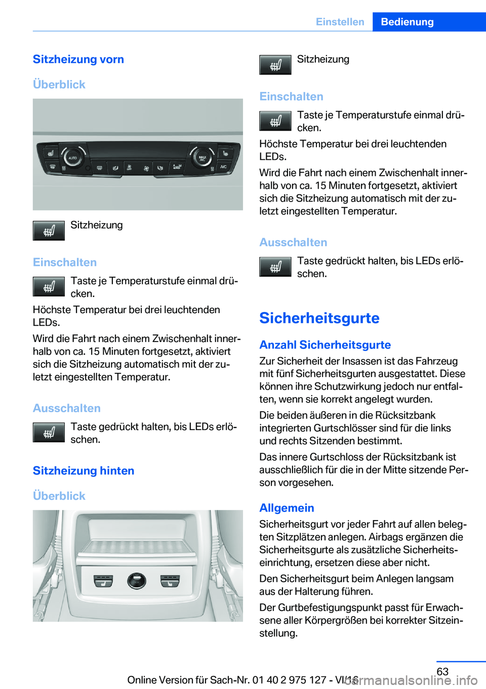 BMW M3 2017  Betriebsanleitungen (in German) �S�i�t�z�h�e�i�z�u�n�g��v�o�r�n
�