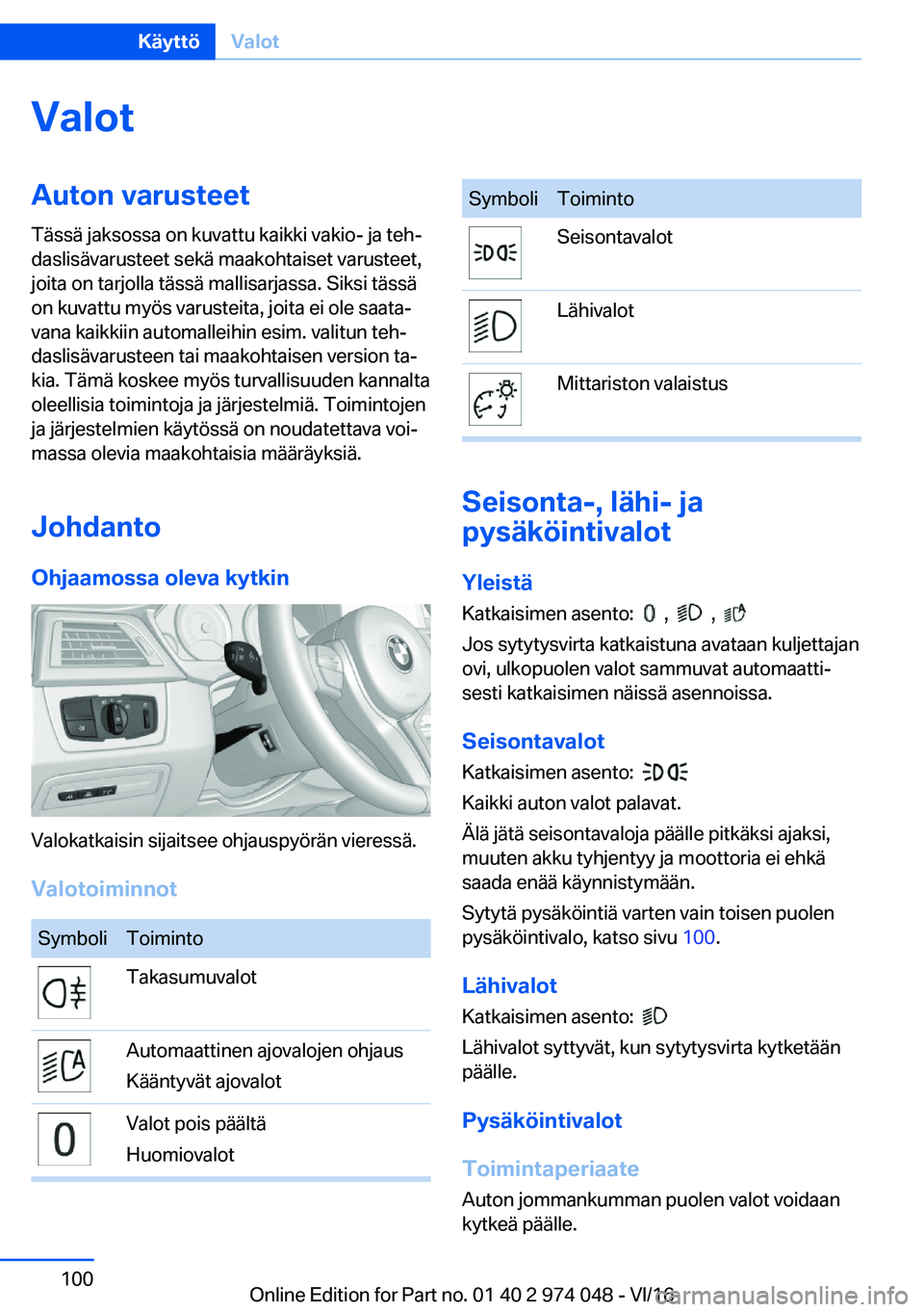BMW M3 2017  Omistajan Käsikirja (in Finnish) �V�a�l�o�t�A�u�t�o�n��v�a�r�u�s�t�e�e�t
�T�