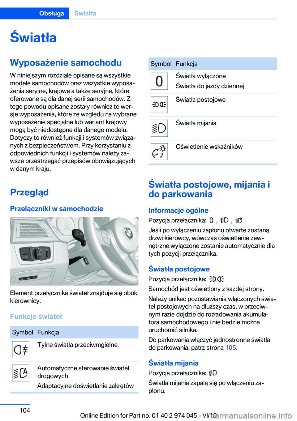 BMW M3 2017  Instrukcja obsługi (in Polish) �w�i�a�t�ł�a�W�y�p�o�s�a9�e�n�i�e��s�a�m�o�c�h�o�d�u�W� �n�i�n�i�e�j�s�z�y�m� �r�o�z�d�z�i�a�l�e� �o�p�i�s�a�n�e� �s�