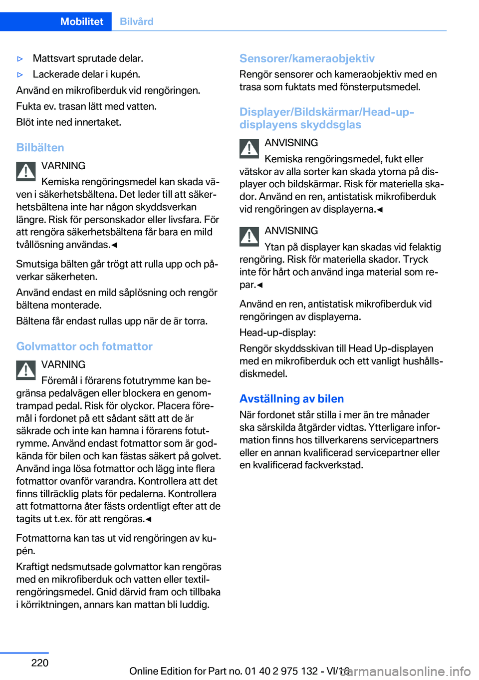 BMW M3 2017  InstruktionsbÖcker (in Swedish) 'y�M�a�t�t�s�v�a�r�t� �s�p�r�u�t�a�d�e� �d�e�l�a�r�.'y�L�a�c�k�e�r�a�d�e� �d�e�l�a�r� �i� �k�u�p�