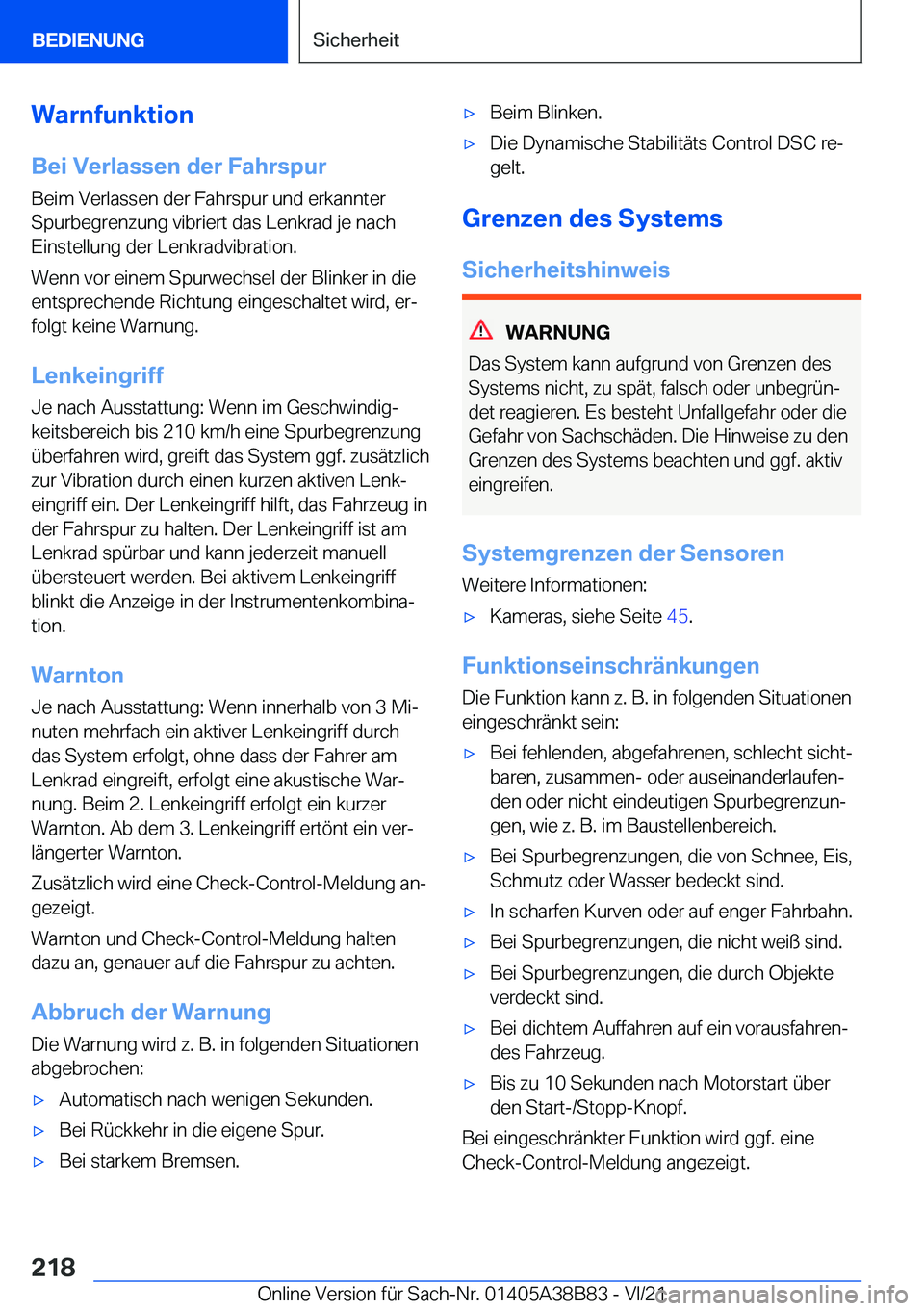 BMW M4 2022  Betriebsanleitungen (in German) �W�a�r�n�f�u�n�k�t�i�o�n
�B�e�i��V�e�r�l�a�s�s�e�n��d�e�r��F�a�h�r�s�p�u�r �B�e�i�m��V�e�r�l�a�s�s�e�n��d�e�r��F�a�h�r�s�p�u�r��u�n�d��e�r�k�a�n�n�t�e�r�S�p�u�r�b�e�g�r�e�n�z�u�n�g��v�i�b�r�i