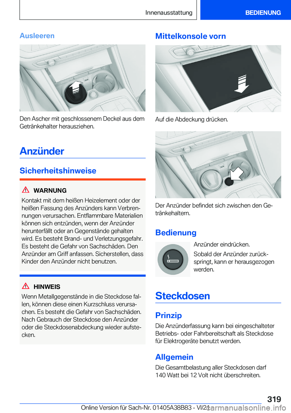 BMW M4 2022  Betriebsanleitungen (in German) �A�u�s�l�e�e�r�e�n
�D�e�n��A�s�c�h�e�r��m�i�t��g�e�s�c�h�l�o�s�s�e�n�e�m��D�e�c�k�e�l��a�u�s��d�e�m�G�e�t�r�