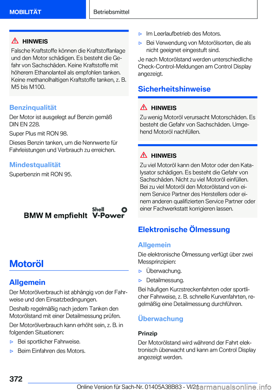 BMW M4 2022  Betriebsanleitungen (in German) �H�I�N�W�E�I�S
�F�a�l�s�c�h�e��K�r�a�f�t�s�t�o�f�f�e��k�