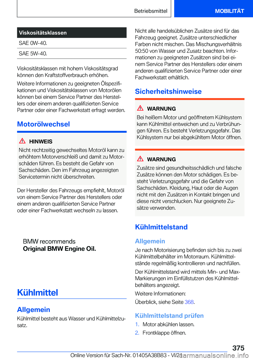BMW M4 2022  Betriebsanleitungen (in German) �V�i�s�k�o�s�i�t�