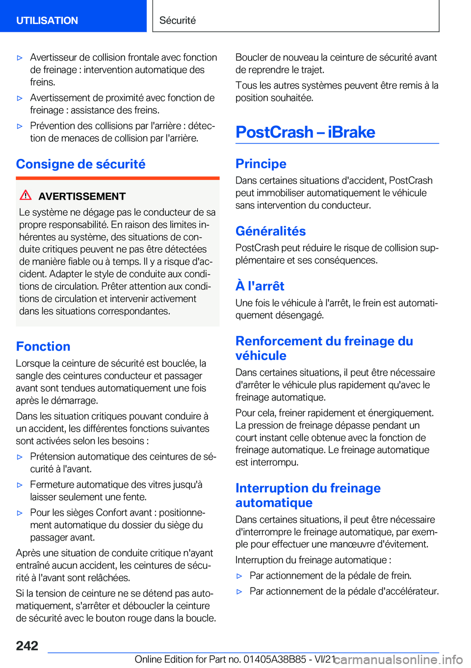 BMW M4 2022  Notices Demploi (in French) 'x�A�v�e�r�t�i�s�s�e�u�r��d�e��c�o�l�l�i�s�i�o�n��f�r�o�n�t�a�l�e��a�v�e�c��f�o�n�c�t�i�o�n�d�e��f�r�e�i�n�a�g�e��:��i�n�t�e�r�v�e�n�t�i�o�n��a�u�t�o�m�a�t�i�q�u�e��d�e�s�f�r�e�i�n�s�.&#