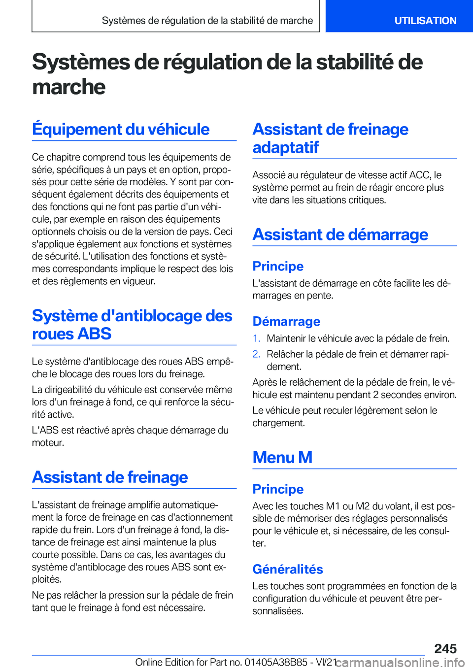 BMW M4 2022  Notices Demploi (in French) �S�y�s�t�è�m�e�s��d�e��r�é�g�u�l�a�t�i�o�n��d�e��l�a��s�t�a�b�i�l�i�t�é��d�e�m�a�r�c�h�e�