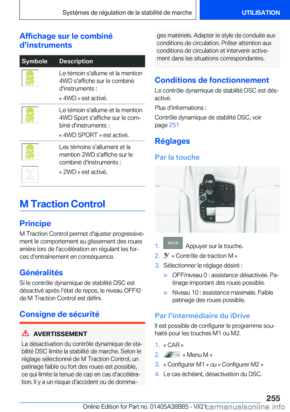 BMW M4 2022  Notices Demploi (in French) �A�f�f�i�c�h�a�g�e��s�u�r��l�e��c�o�m�b�i�n�é
�d�'�i�n�s�t�r�u�m�e�n�t�s�S�y�m�b�o�l�e�D�e�s�c�r�i�p�t�i�o�n�L�e��t�é�m�o�i�n��s�'�a�l�l�u�m�e��e�t��l�a��m�e�n�t�i�o�n
�4�W�D��s�
