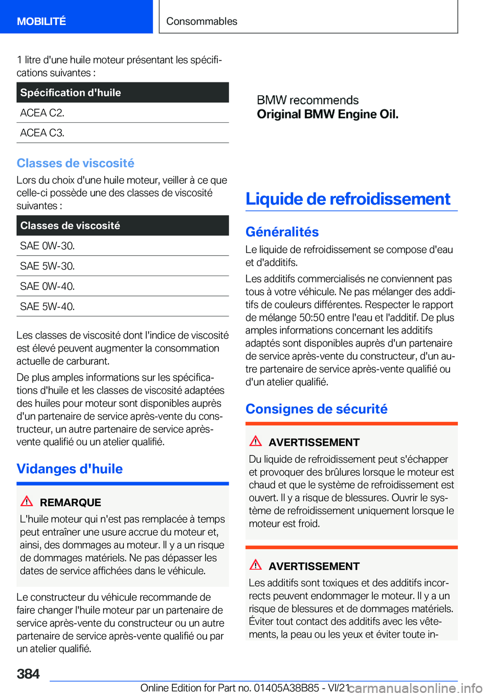 BMW M4 2022  Notices Demploi (in French) �1��l�i�t�r�e��d�'�u�n�e��h�u�i�l�e��m�o�t�e�u�r��p�r�é�s�e�n�t�a�n�t��l�e�s��s�p�é�c�i�f�ij�c�a�t�i�o�n�s��s�u�i�v�a�n�t�e�s��:�S�p�é�c�i�f�i�c�a�t�i�o�n��d�'�h�u�i�l�e�A�C�E�A�