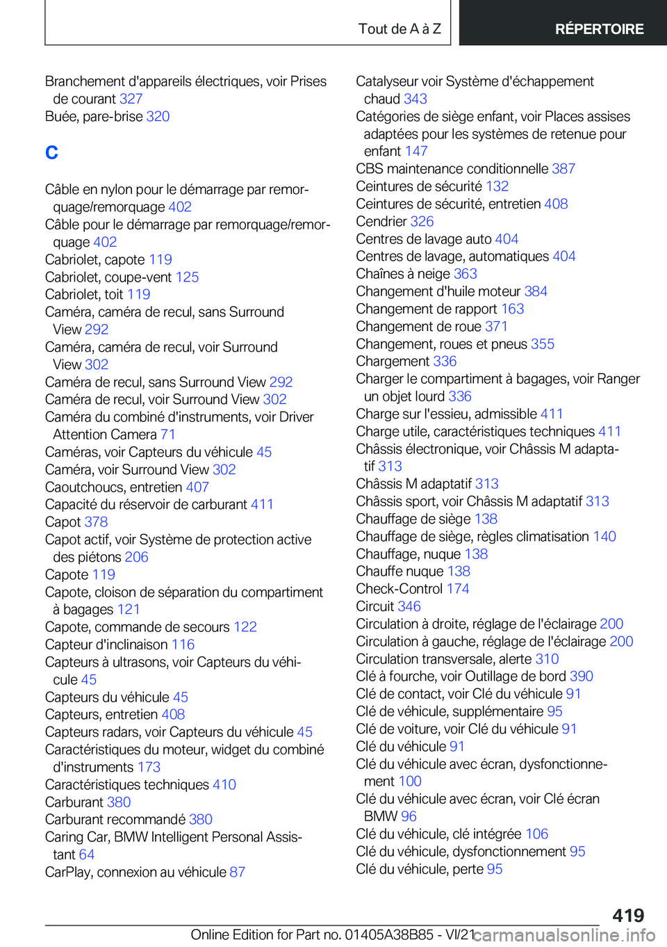 BMW M4 2022  Notices Demploi (in French) �B�r�a�n�c�h�e�m�e�n�t��d�'�a�p�p�a�r�e�i�l�s��é�l�e�c�t�r�i�q�u�e�s�,��v�o�i�r��P�r�i�s�e�s�d�e��c�o�u�r�a�n�t� �3�2�7�
�B�u�é�e�,��p�a�r�e�-�b�r�i�s�e� �3�2�0�
�C �C�