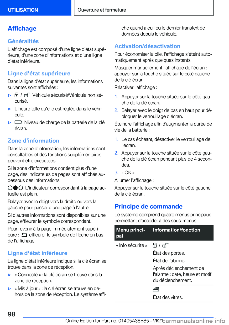 BMW M4 2022  Notices Demploi (in French) �A�f�f�i�c�h�a�g�e
�G�é�n�é�r�a�l�i�t�é�s �L�'�a�f�f�i�c�h�a�g�e��e�s�t��c�o�m�p�o�s�é��d�'�u�n�e��l�i�g�n�e��d�'�é�t�a�t��s�u�p�éj�r�i�e�u�r�e�,��d�'�u�n�e��z�o�n�e��d