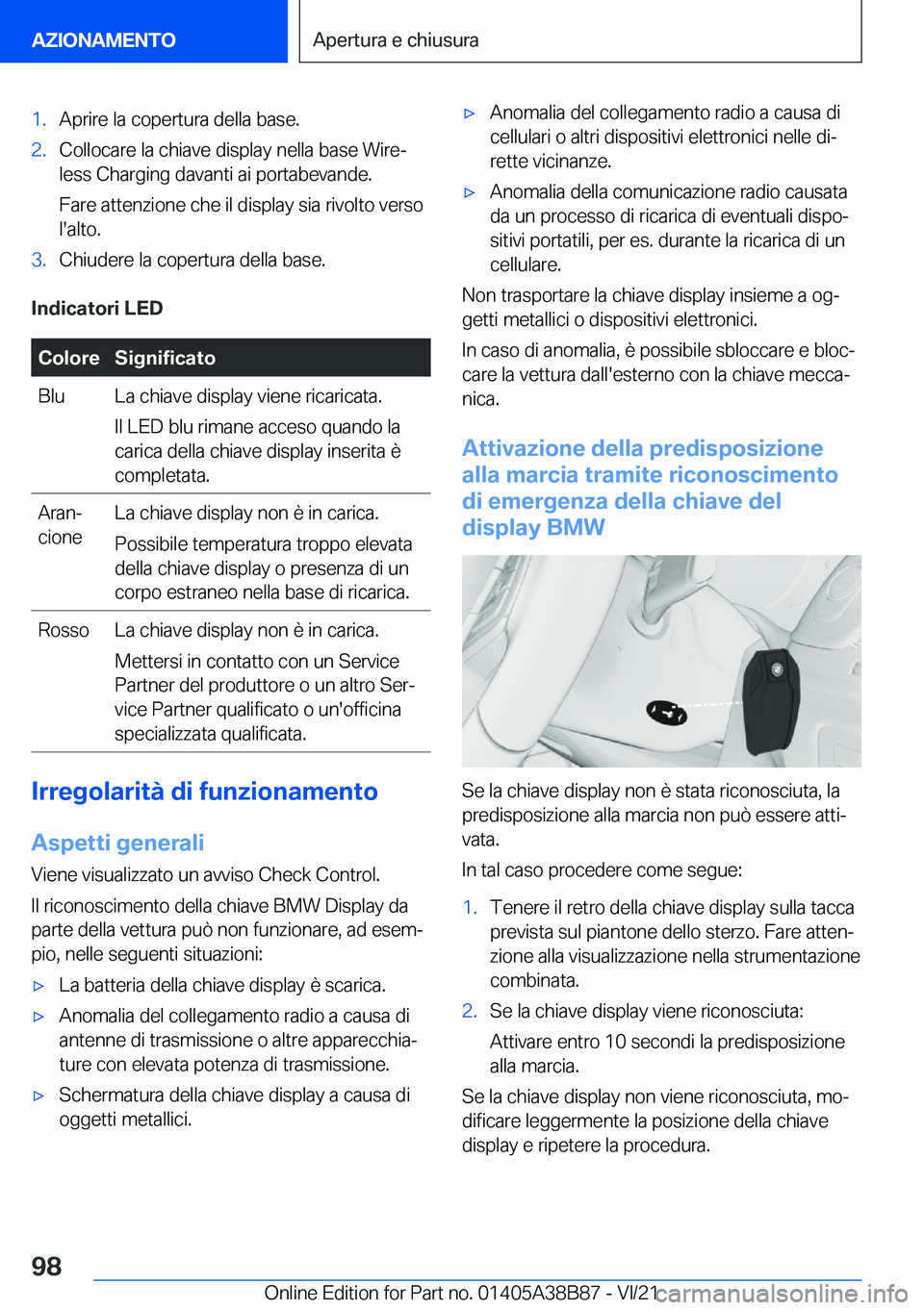 BMW M4 2022  Libretti Di Uso E manutenzione (in Italian) �1�.�A�p�r�i�r�e��l�a��c�o�p�e�r�t�u�r�a��d�e�l�l�a��b�a�s�e�.�2�.�C�o�l�l�o�c�a�r�e��l�a��c�h�i�a�v�e��d�i�s�p�l�a�y��n�e�l�l�a��b�a�s�e��W�i�r�eª�l�e�s�s��C�h�a�r�g�i�n�g��d�a�v�a�n�t�