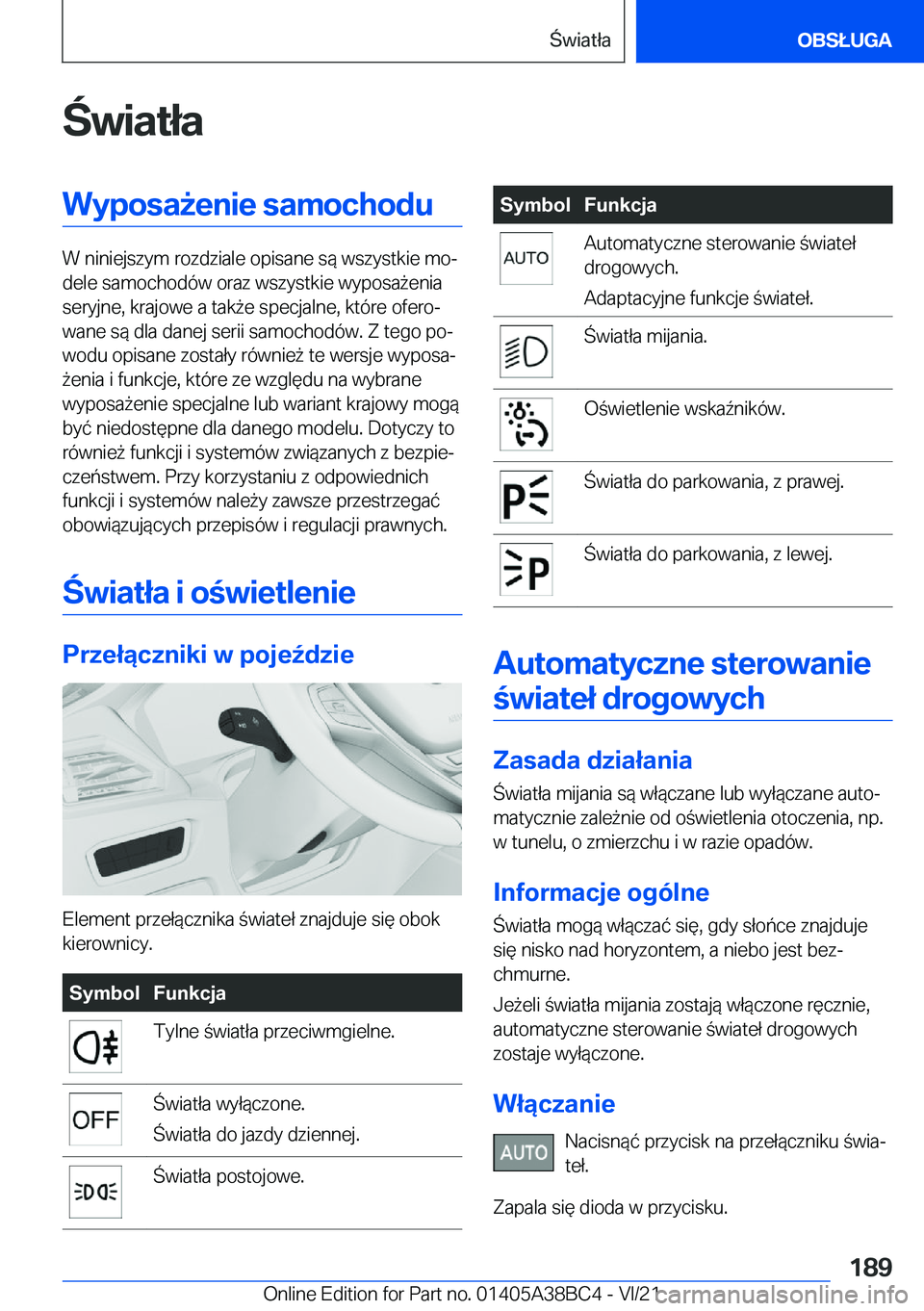 BMW M4 2022  Instrukcja obsługi (in Polish) �w�i�a�t�ł�a�W�y�p�o�s�a9�e�n�i�e��s�a�m�o�c�h�o�d�u
�W��n�i�n�i�e�j�s�z�y�m��r�o�z�d�z�i�a�l�e��o�p�i�s�a�n�e��s�