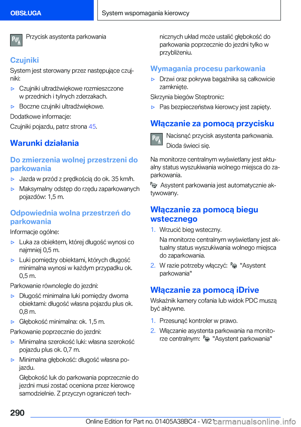 BMW M4 2022  Instrukcja obsługi (in Polish) �P�r�z�y�c�i�s�k��a�s�y�s�t�e�n�t�a��p�a�r�k�o�w�a�n�i�a
�C�z�u�j�n�i�k�i �S�y�s�t�e�m��j�e�s�t��s�t�e�r�o�w�a�n�y��p�r�z�e�z��n�a�s�t�