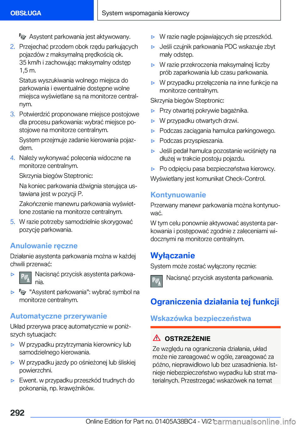 BMW M4 2022  Instrukcja obsługi (in Polish) ���A�s�y�s�t�e�n�t��p�a�r�k�o�w�a�n�i�a��j�e�s�t��a�k�t�y�w�o�w�a�n�y�.�2�.�P�r�z�e�j�e�c�h�a�
