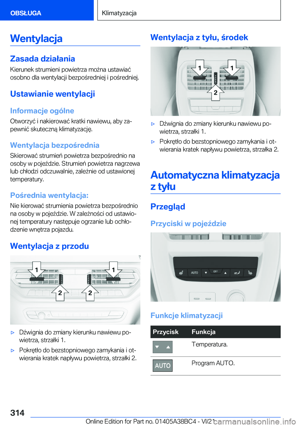 BMW M4 2022  Instrukcja obsługi (in Polish) �W�e�n�t�y�l�a�c�j�a
�Z�a�s�a�d�a��d�z�i�a�ł�a�n�i�a
�K�i�e�r�u�n�e�k��s�t�r�u�m�i�e�n�i��p�o�w�i�e�t�r�z�a��m�o9�n�a��u�s�t�a�w�i�a�